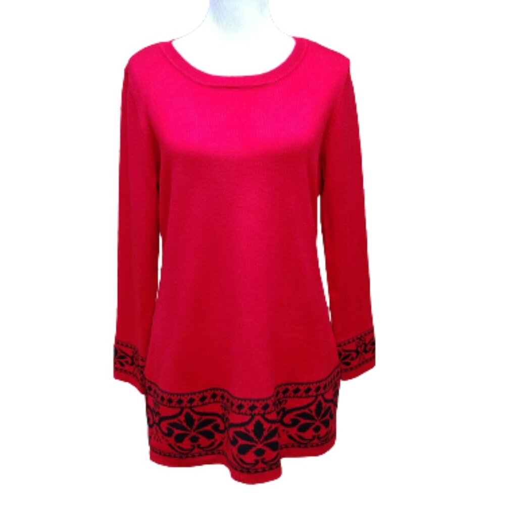 Kim Rogers Petite Red Pullover Tunic Sweater Black Print Damask Hem